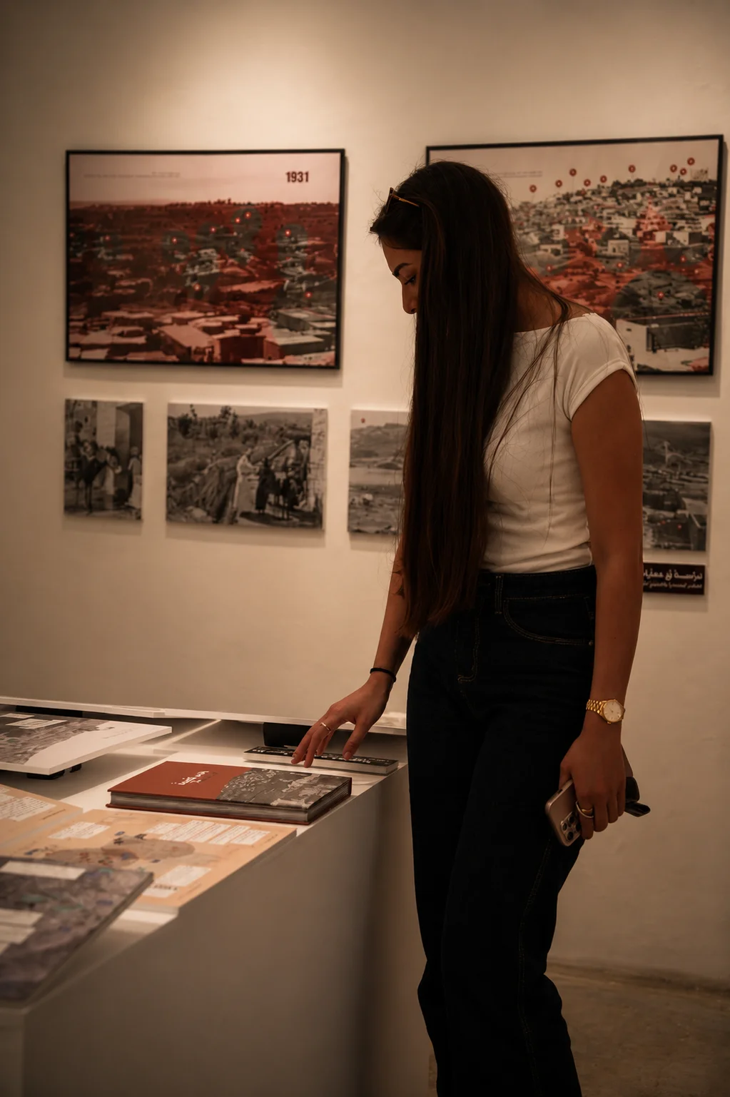 Visitor browsing the Saffuriya book at the exhibition table