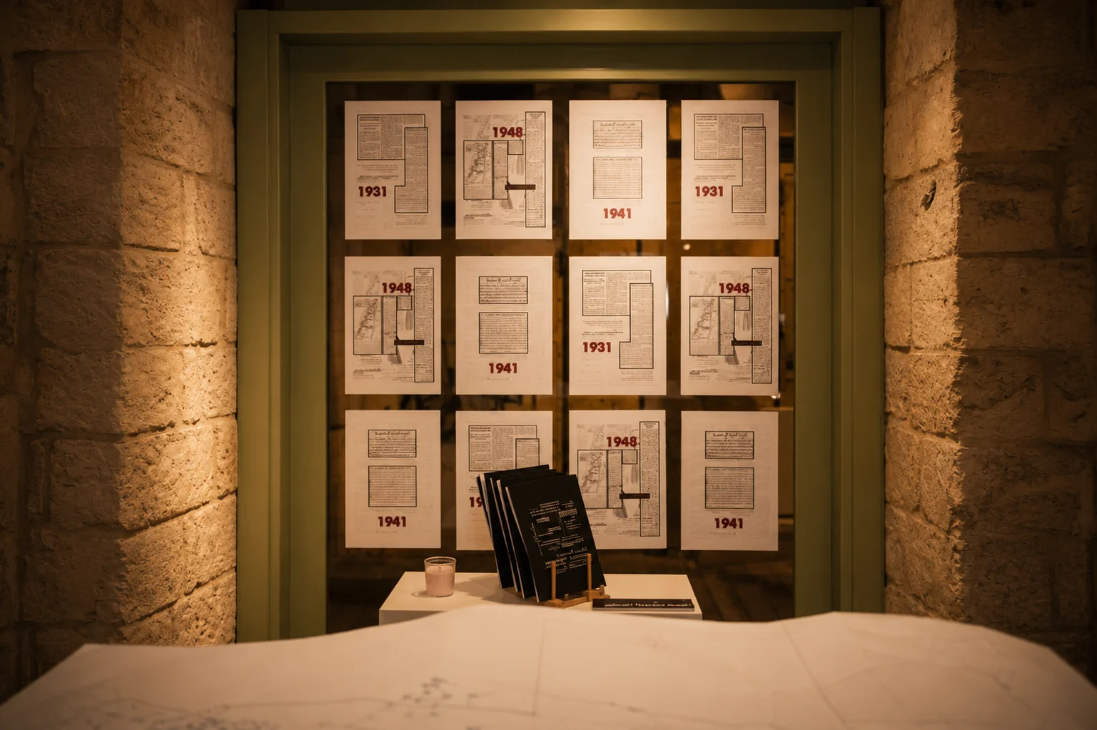 Display of archival documents and books inside the exhibition